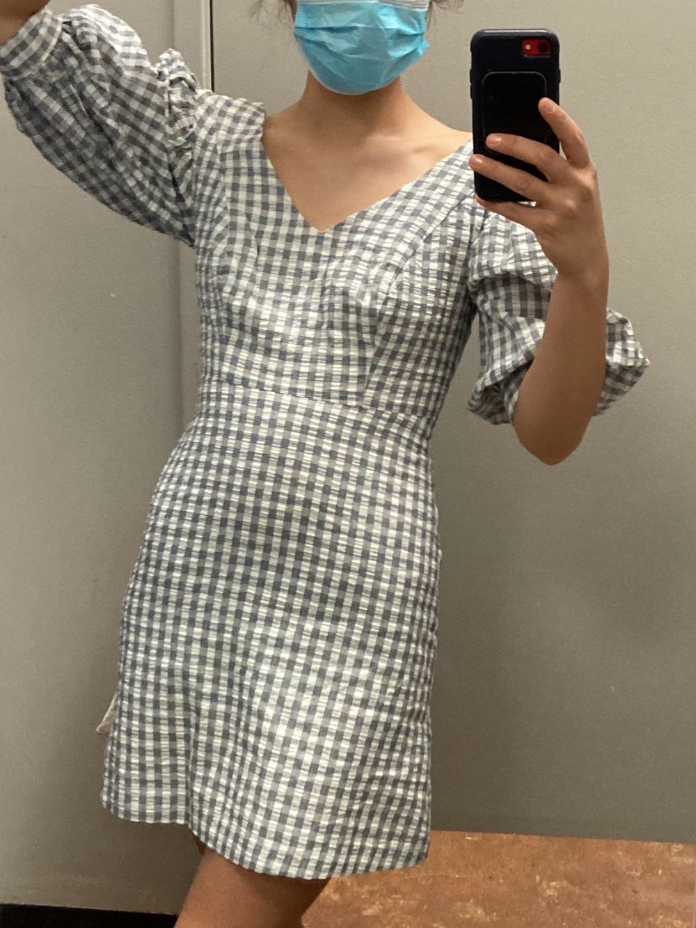 Urban Outfitters Gray and White Gingham V-Neck Puff Sleeve Mini Dress